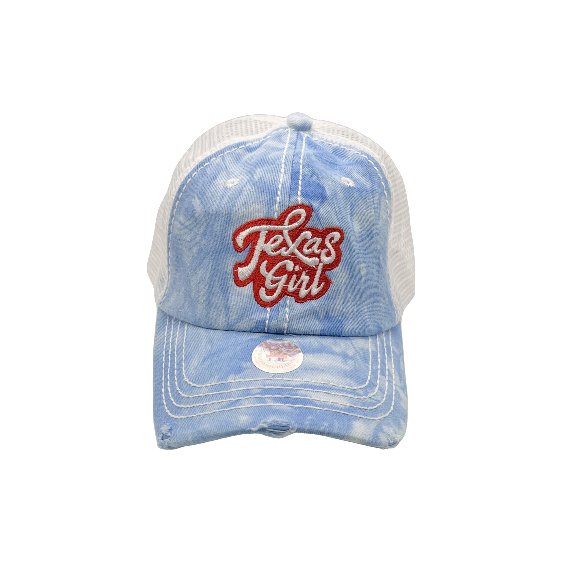 Texas Girl Sticker Hat in Multiple Styles – Sizzlin' Pink, Tie-Dye Blue, Sky Navy, and Texas Sky Blue