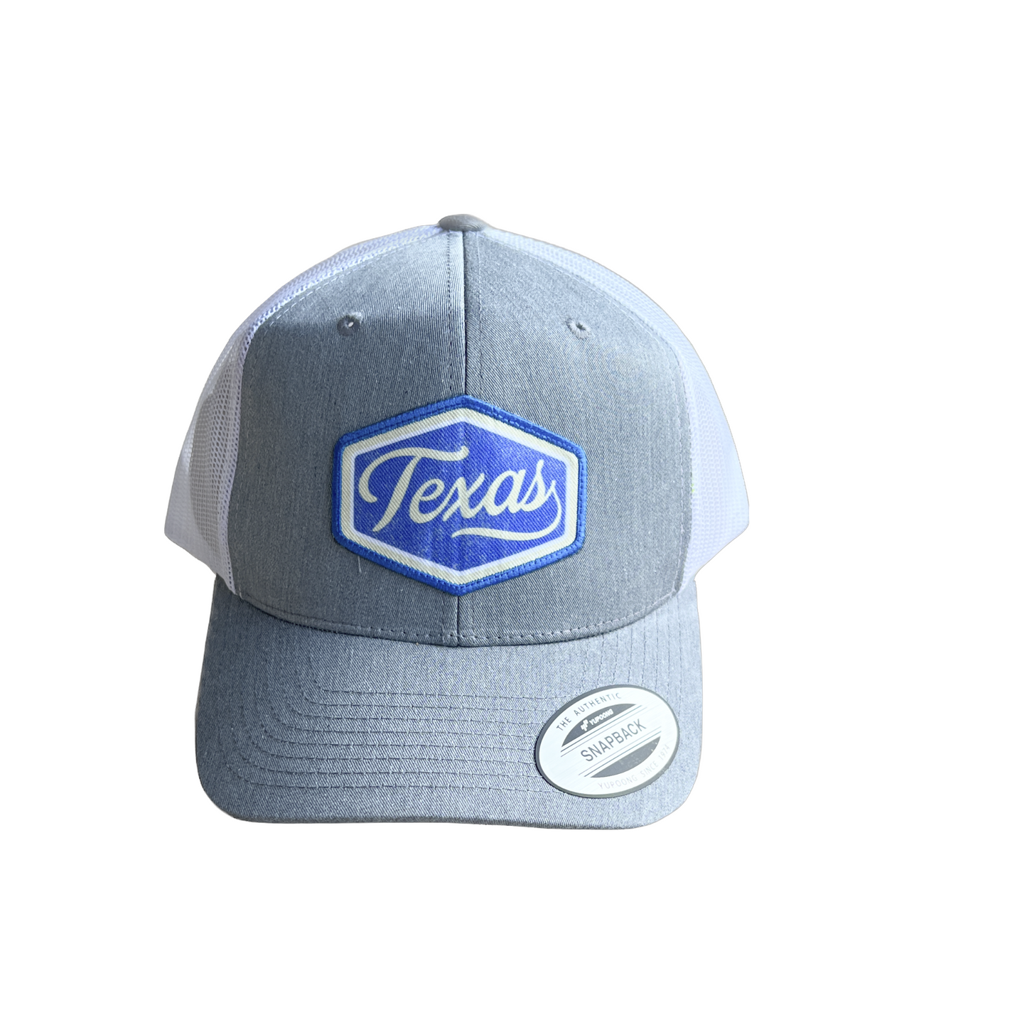 Texas Hex Patch Trucker Hat with gray panels, white mesh back, and bold Texas patch design.