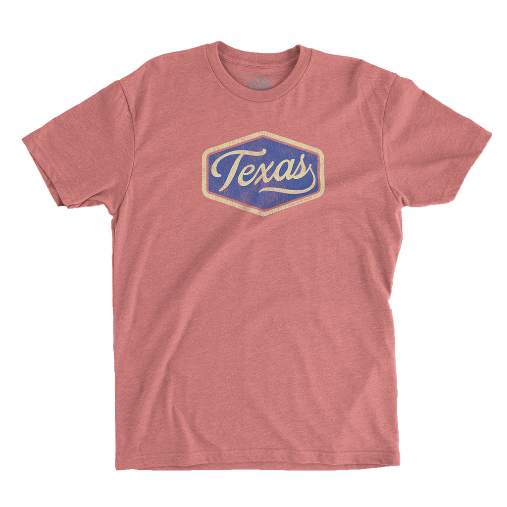 Texas Hex Patch T-Shirt with vintage blue hex patch design and "Texas" script font.