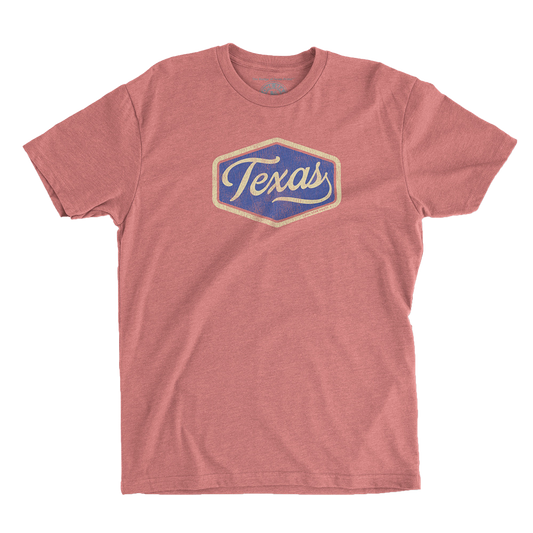 Texas Hex Patch T-Shirt with vintage blue hex patch design and "Texas" script font.