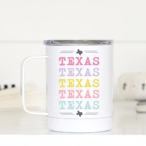 Texas Colorful Travel Mug with vertical Texas lettering in vibrant colors.