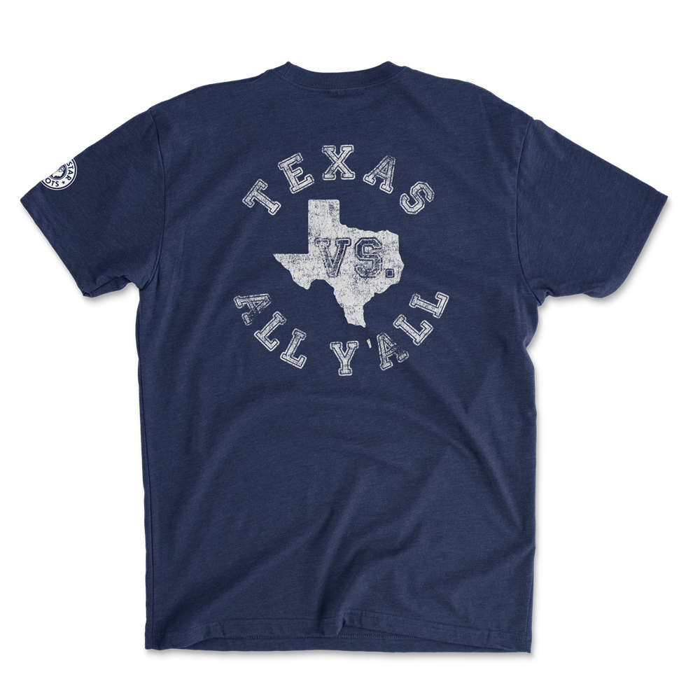 Texas VS. All Y'All T-Shirt in storm gray with Texas outline design