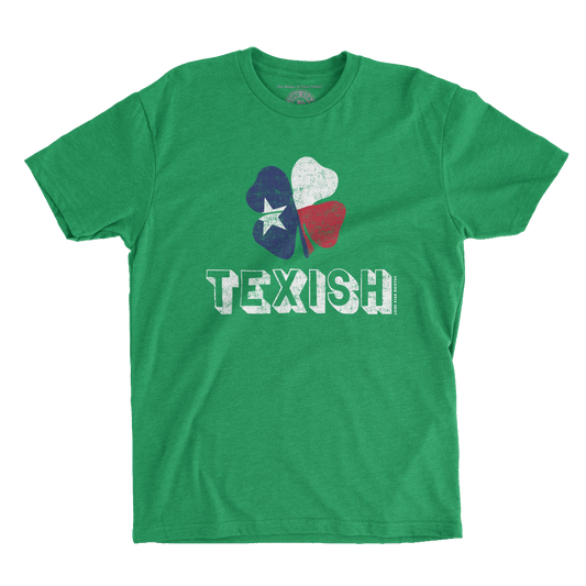 Texish Flag T-Shirt with a shamrock featuring the Texas flag design for St. Patrick’s Day celebrations.