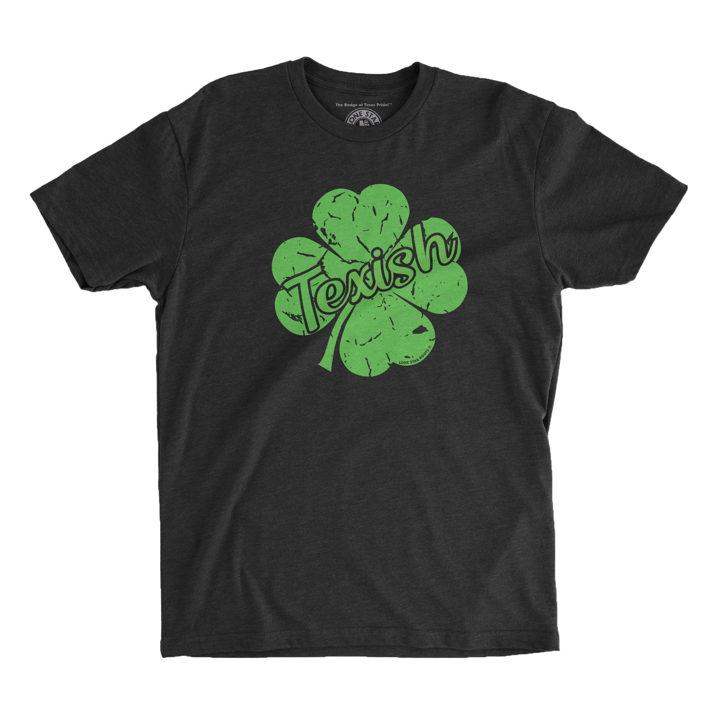 Texish Texas T-Shirt featuring a green shamrock with Texish emblem for St. Patrick’s Day celebrations.