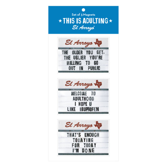 This is Adulting magnet set featuring three witty button magnets by El Arroyo.