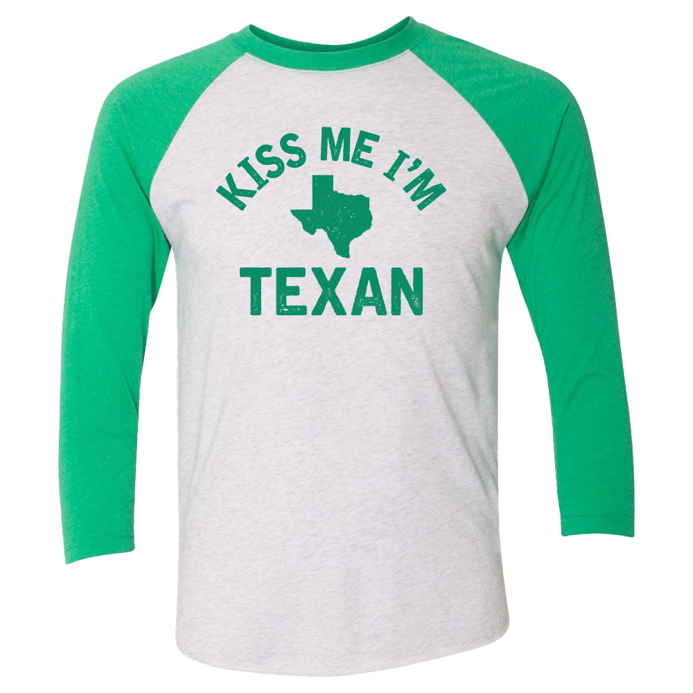 Kiss Me I’m Texan Raglan T-shirt with a shamrock design for St. Patrick’s Day celebrations.