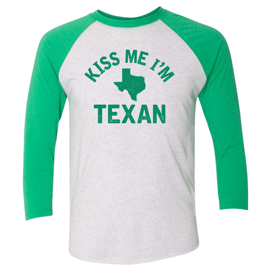 Kiss Me I’m Texan Raglan T-shirt with a shamrock design for St. Patrick’s Day celebrations.