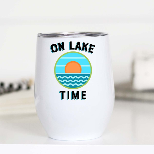 Stainless steel On Lake Time wine cup with a lake sunrise design.