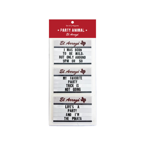 Party Animal Magnet Set with three funny fridge magnets featuring El Arroyo marquee sayings.