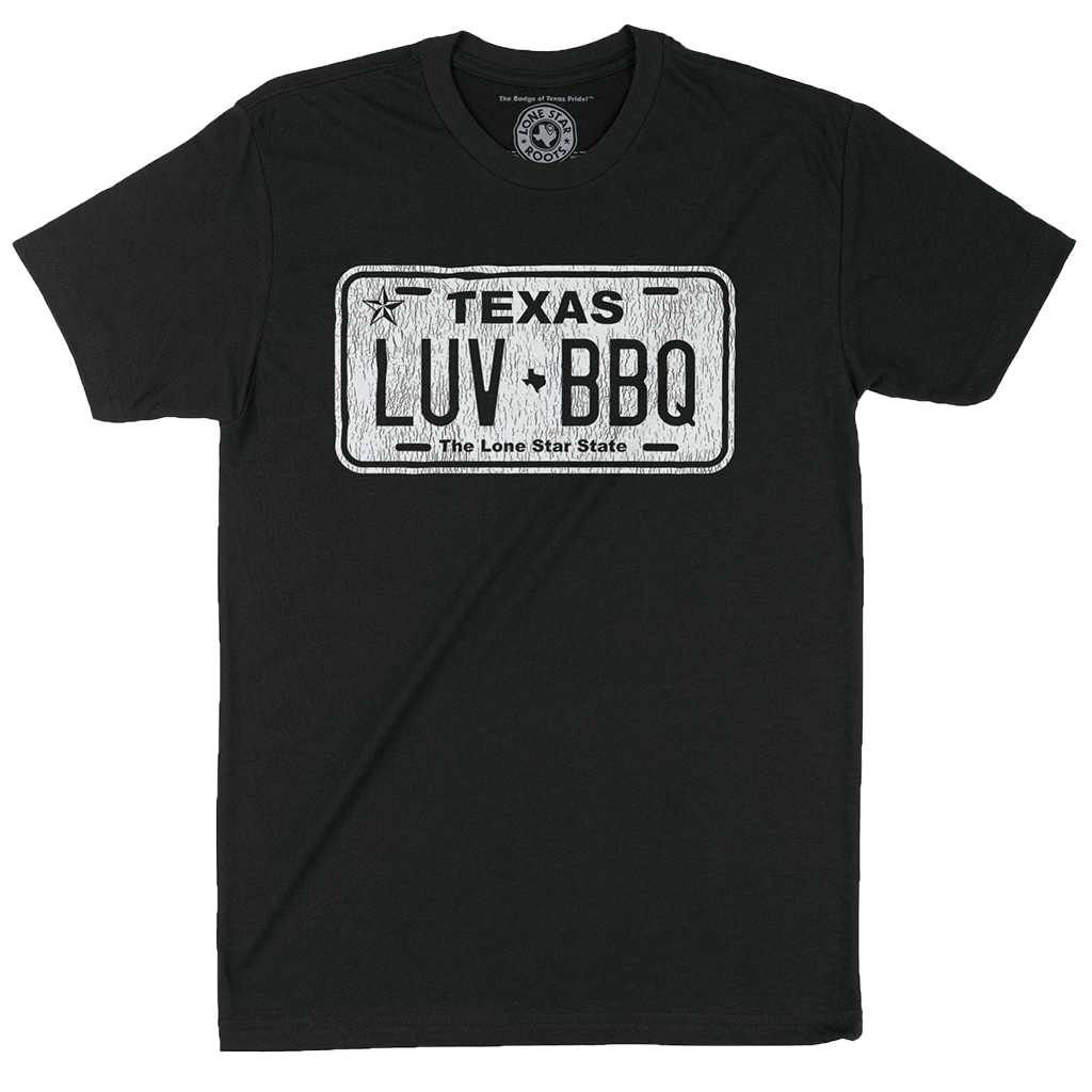 LUV BBQ Texas License Plate T-Shirt featuring a bold BBQ design inspired by a Texas license plate.