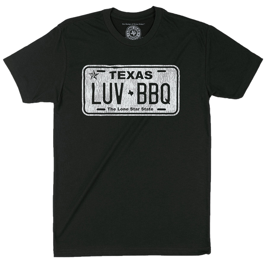 LUV BBQ Texas License Plate T-Shirt featuring a bold BBQ design inspired by a Texas license plate.